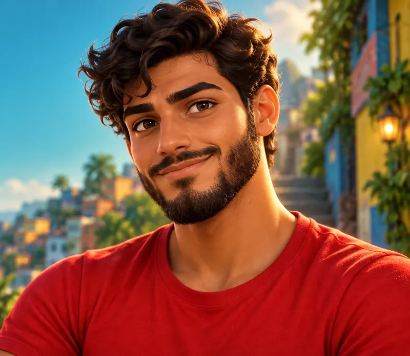 Luis, em ilustração: jovem de cabelo cacheado, barba e camiseta vermelha, com o Rio de Janeiro ao fundo.